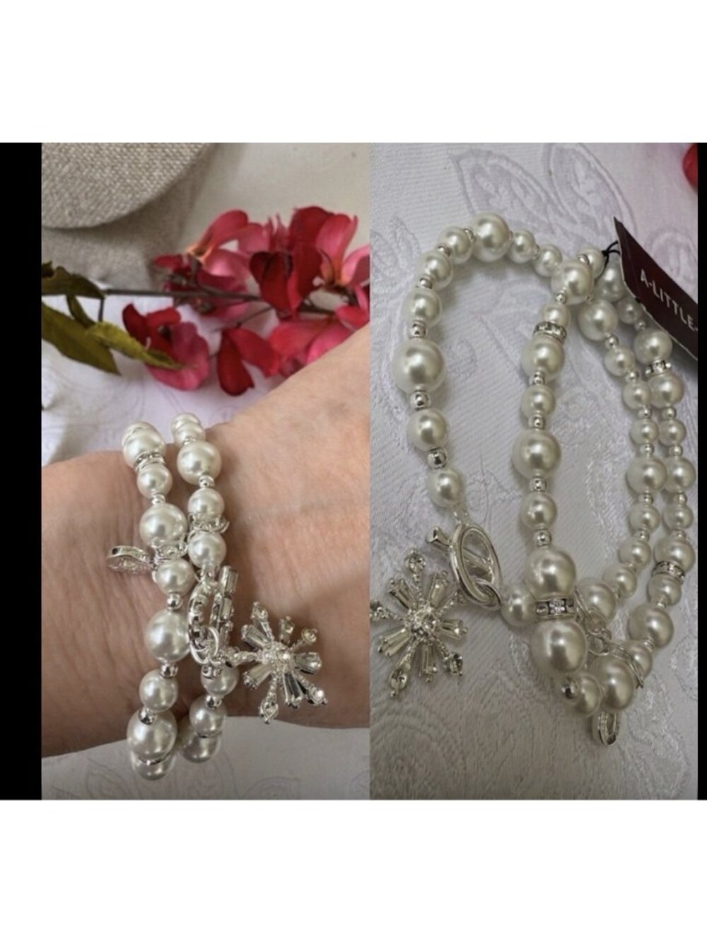 Anne Klein 2 Staked Double Faux Pearl Strand Charm Rhinestones Bracelet NEW